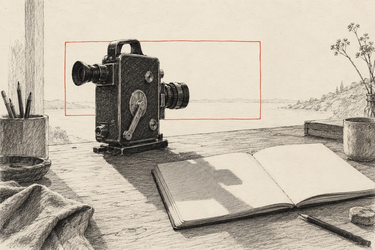 An ink drawing of a movie camera on a desk, its shadow crossing an open notebook and a red frame behind it.